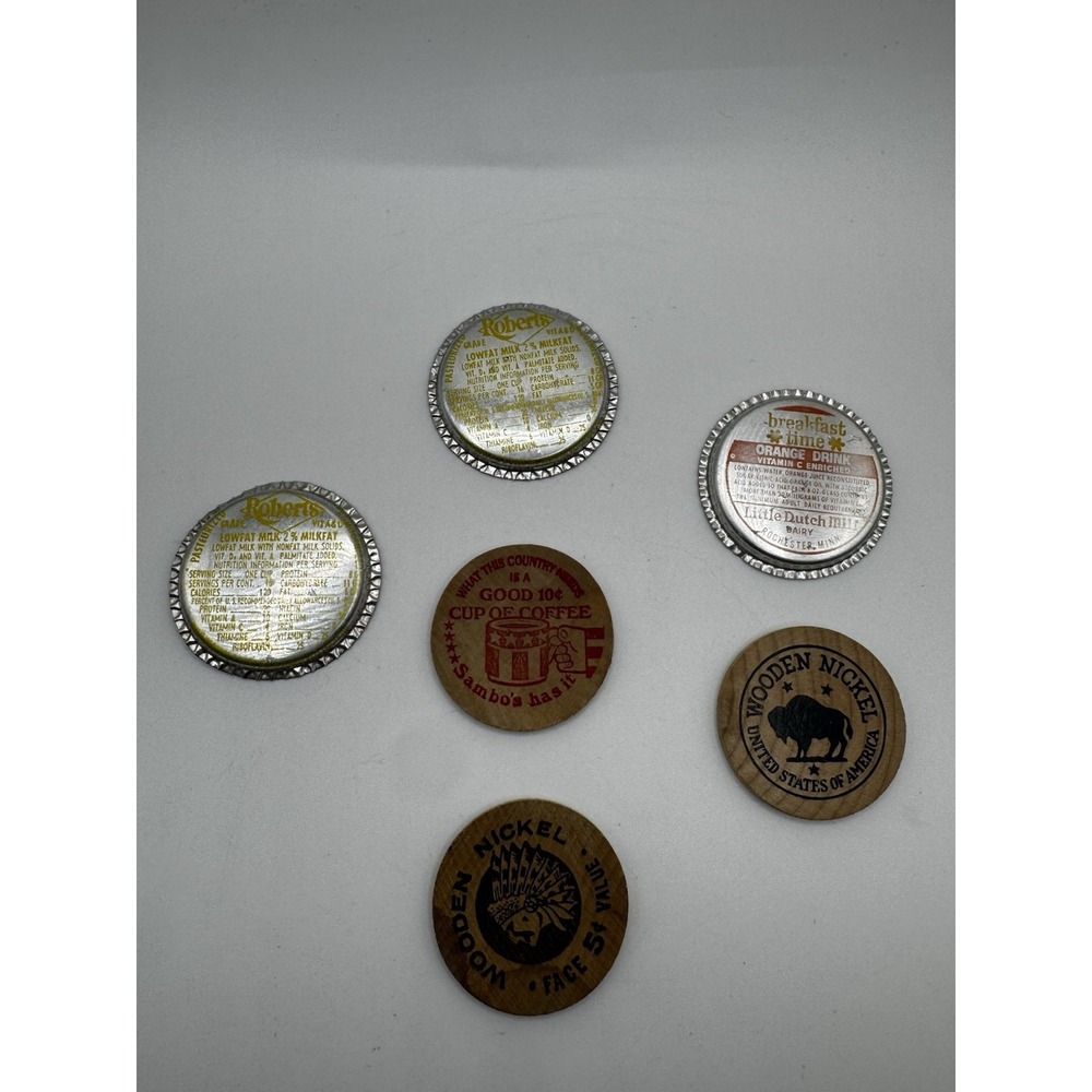 Vintage Advertising Lot Roberts Milk Caps Sambos Coffee Token Wooden Nickels 6pc